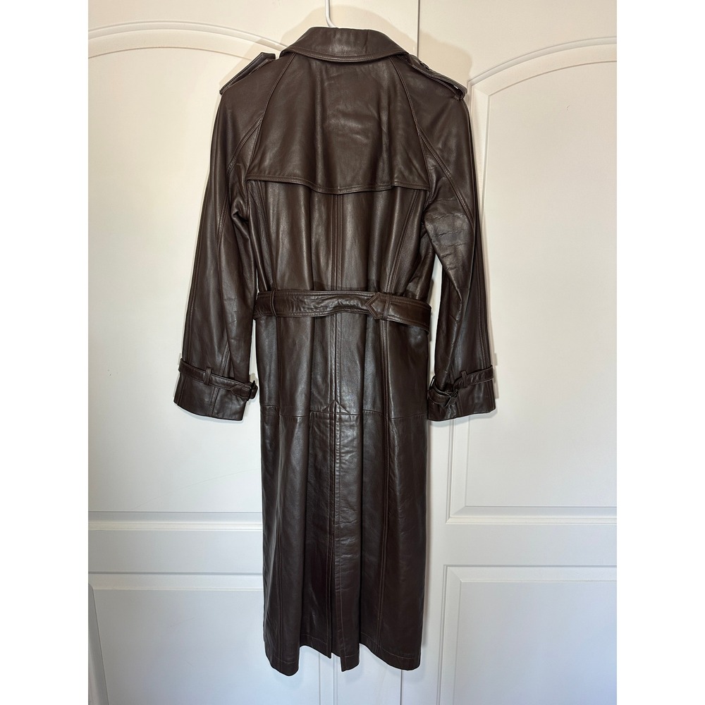 J.Crew Trench Coat Womens 6 Brown Leather Double Breasted Belted Long Jacket - Picture 3 of 7